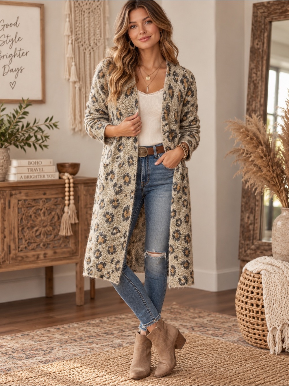 New Directions Leopard Print Long Cardigan Sweater – Women’s Medium – Boho Cozy